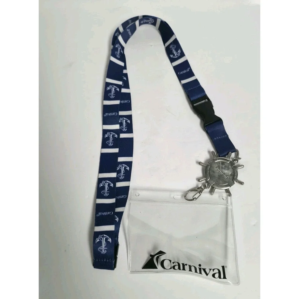 Carnival Cruise Line Lanyard Blue White Anchor Ship Wheel Charm ID Badge Holder